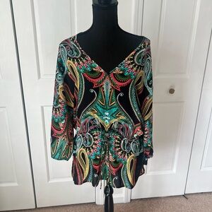 New York & Company Green and Yellow Graphic Tie Front Blouse